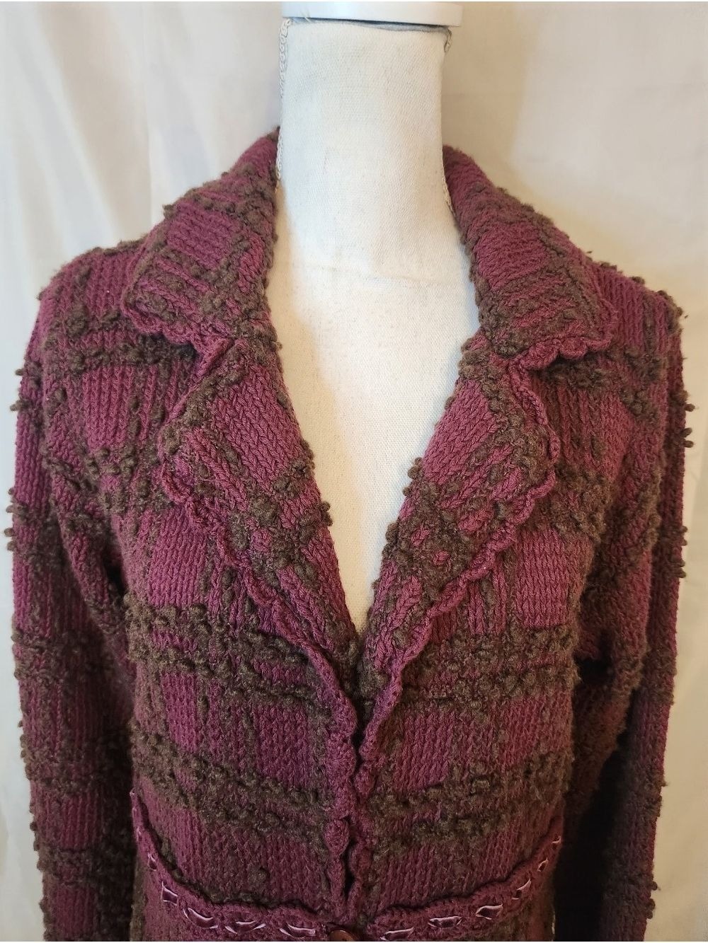 Vintage-Style Longline Knit Duster Cardigan - Plum & Brown Textured Empire Waist - Picture 4 of 15